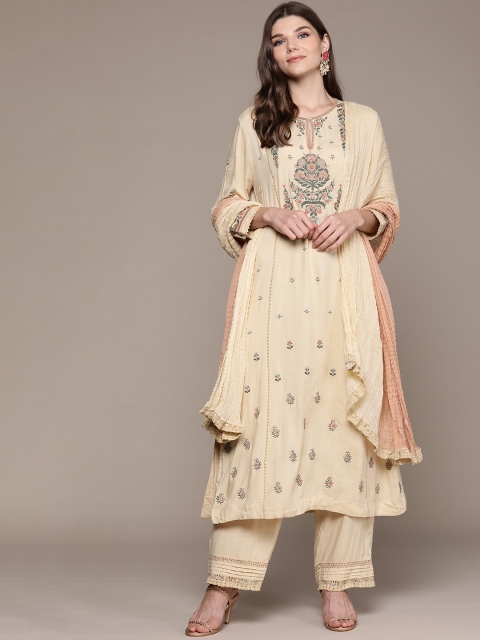 

Ritu Kumar Women Beige Ethnic Motifs Embroidered Regular Thread Work Kurta with Palazzos & With Dupatta