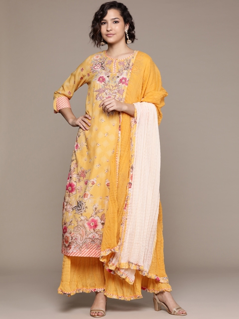

Ritu Kumar Women Yellow Floral Printed Regular Kurta with Palazzos & Dupatta