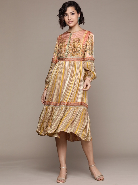 

Ritu Kumar Women Peach-Coloured & Yellow Ethnic Motifs Ethnic A-Line Dress