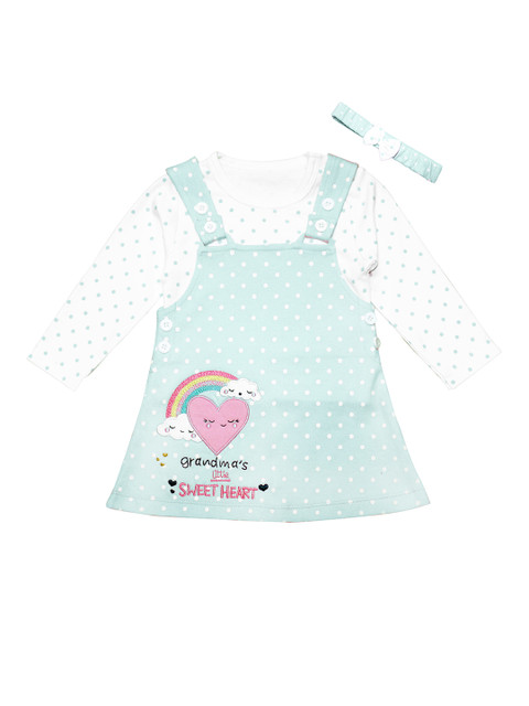 

Moms Love Infant Girls Mint Green Cotton Printed Pinafore Dress with T-shirt & Hairband