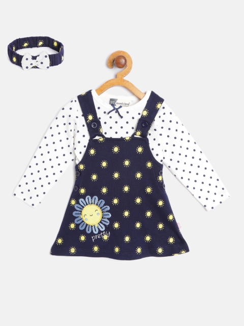 

Moms Love Infant Girls Navy Blue & White Cotton Printed Pinafore Dress with T-shirt