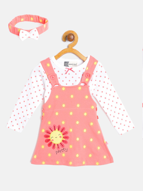 

Moms Love Infant Girls Peach-Coloured & White Cotton Printed Pinafore Dress with T-shirt