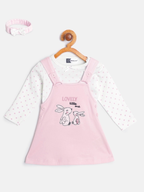 

Moms Love Infant Girls Pink Cotton Embroidered Pinafore Dress with Printed T-shirt