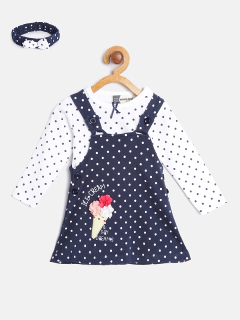 

Moms Love Infant Girls Navy Blue & White Cotton Polka Dots Pinafore Dress with T-shirt