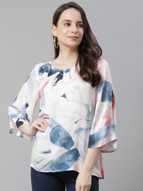

Ayaany White & Blue Abstract Printed Cotton Regular Top