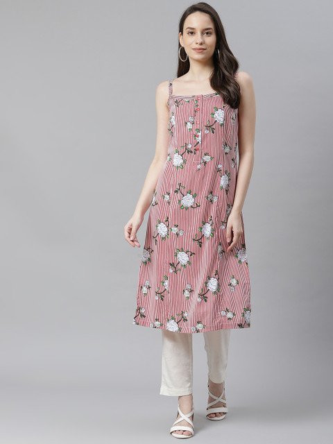 

Ayaany Women Red & White Striped Floral Cotton Kurta