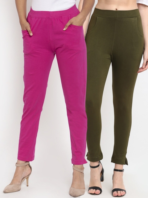 

TAG 7 Women Olive Green & Magenta Pack of 2 Leggings