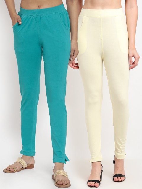 

TAG 7 Women Cream & Turquoise Blue Pack of 2 Leggings