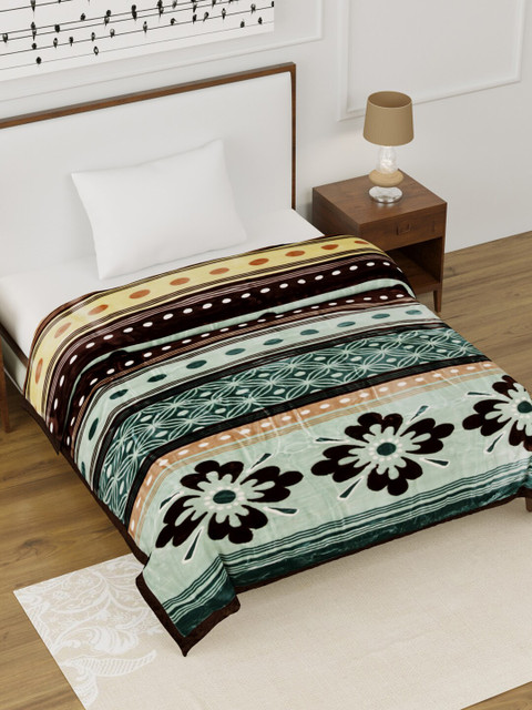 

BOMBAY DYEING Green & White Floral Heavy Winter Reversible Single Bed Blanket