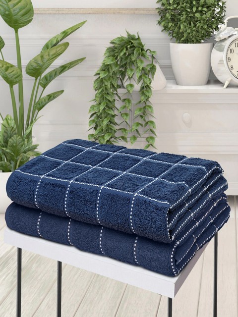

Trident Set Of 2 Navy Blue Checked 450 GSM Cotton Bath Towels