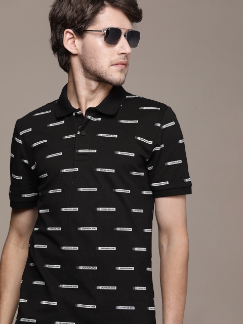 

Calvin Klein Jeans Men Black & White Brand Logo Printed Polo Collar Slim Fit T-shirt