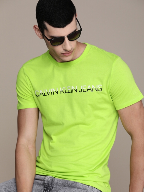 

Calvin Klein Jeans Men Neon Green Logo Printed Regular Fit Cotton Casual T-shirt, Lime green