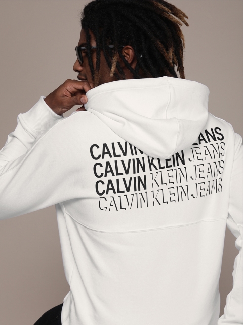 

Calvin Klein Jeans Men White & Black Brand Printed Hooded Sweatshirt