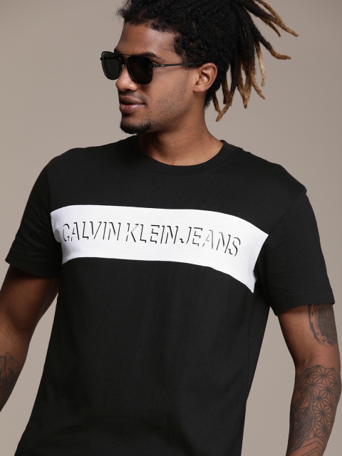 

Calvin Klein Jeans Men Black White Colourblocked Logo Printed Casual Pure Cotton T-shirt