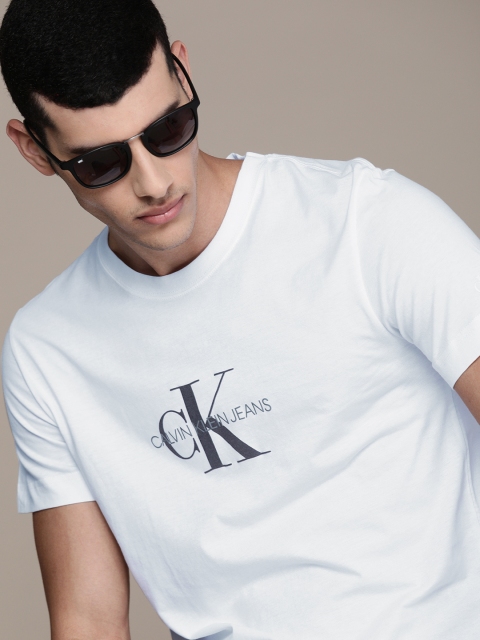 

Calvin Klein Jeans Men White Logo Printed Regular Fit Cotton Casual Pure Cotton T-shirt