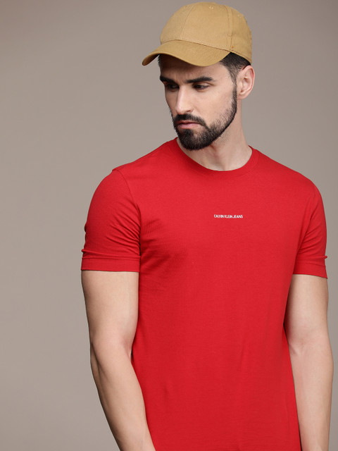 

Calvin Klein Jeans Men Red Brand Logo Printed Applique Pure Cotton Slim Fit T-shirt
