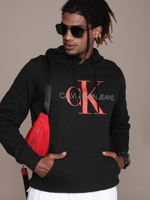 

Calvin Klein Jeans Men Black Brand Logo Printed Hooded Sweatshirt