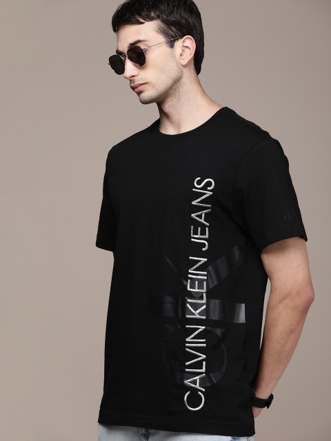 

Calvin Klein Jeans Men Black White Brand Logo Printed Pure Cotton T-shirt