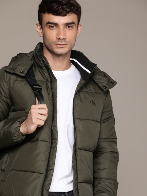 

Calvin Klein Jeans Men Olive Green Solid Hooded Puffer Jacket