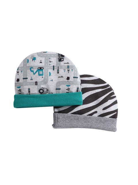 

BUMZEE Unisex Kids Pack Of 2 Pure Cotton Printed Round Beanie Cap, Grey