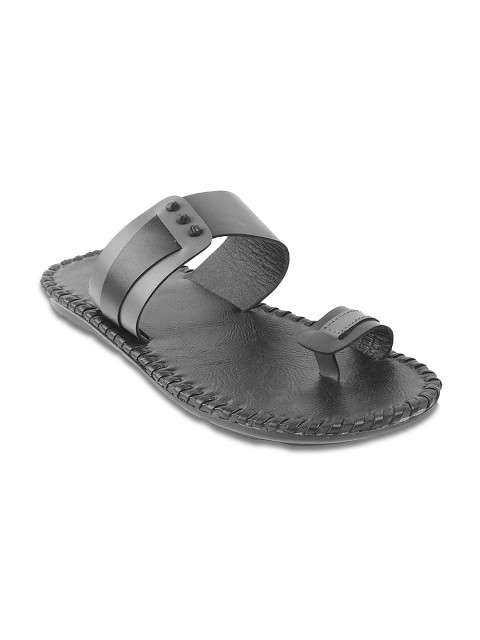 

Mochi Men Grey & Black Leather Comfort Slip On Sandals