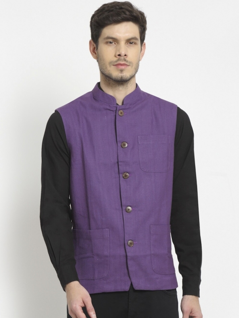 

Ekmatra Men Purple Solid Cotton Khadi Nehru Jacket