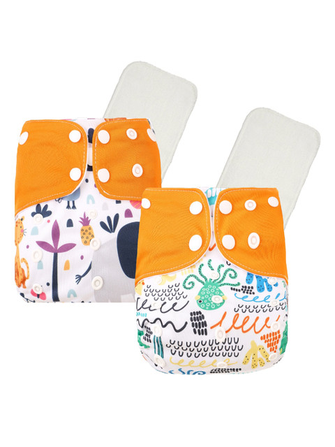 

GUCHIGU Infant Kids Pack Of 2 Orange & White Printed Soft Baby Cloth Washable Diapers With Insert Pads