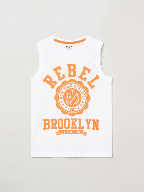 

max Boys White & Orange Typography Printed T-shirt