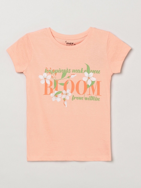 

max Girls Peach and Green Typography Printed T-shirt