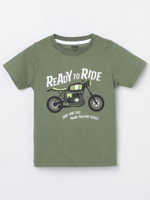 

max Boys Olive Green and White Biker Printed T-shirt