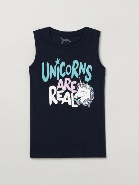 

max Girls Navy Blue Typography Printed T-shirt