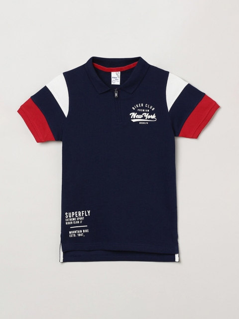 

max Boys Navy Blue & Red Typography Printed Polo Collar T-shirt