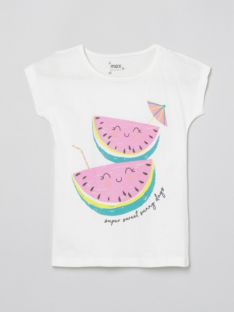 

max Girls White and Pink Conversational Printed T-shirt