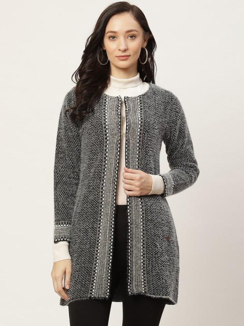 

Duke Women Black & White Woven Design Longline Open Front Sweater with Fuzzy Detail