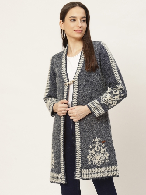 

Duke Women Navy Blue & White Woven Design Longline Front-Open with Fuzzy Detail