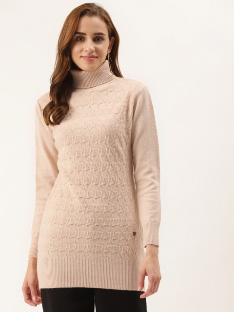 

Duke Women Peach-Coloured Woollen Self-Design Turtle Neck Longline Pullover