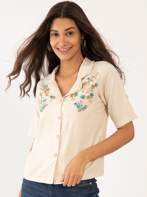 

Zink London Women Cream-Coloured Floral Opaque Casual Shirt
