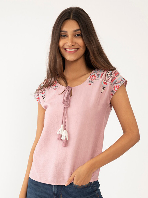 

Zink London Pink Tie-Up Neck Regular Top