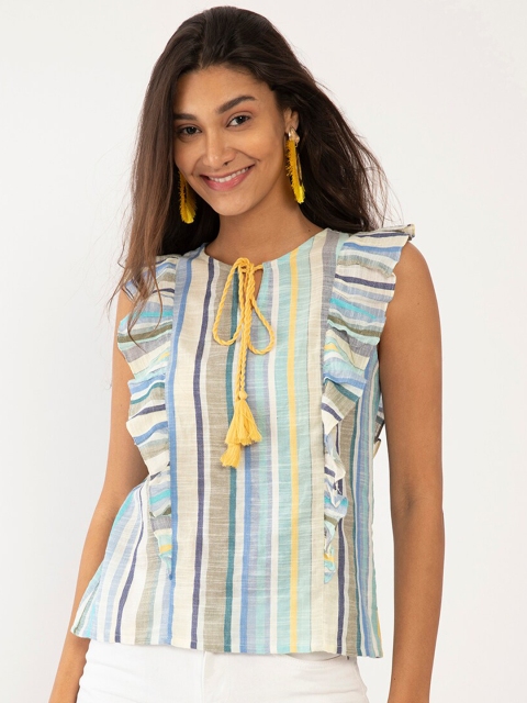 

Zink London White Striped Tie-Up Neck Regular Top