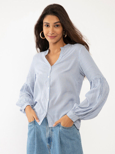 

Zink London White Striped Mandarin Collar Wrap Top