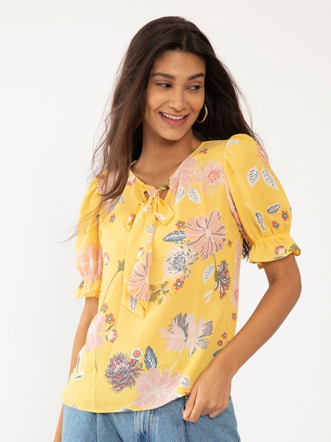 

Zink London Yellow Floral Tie-Up Neck Regular Top