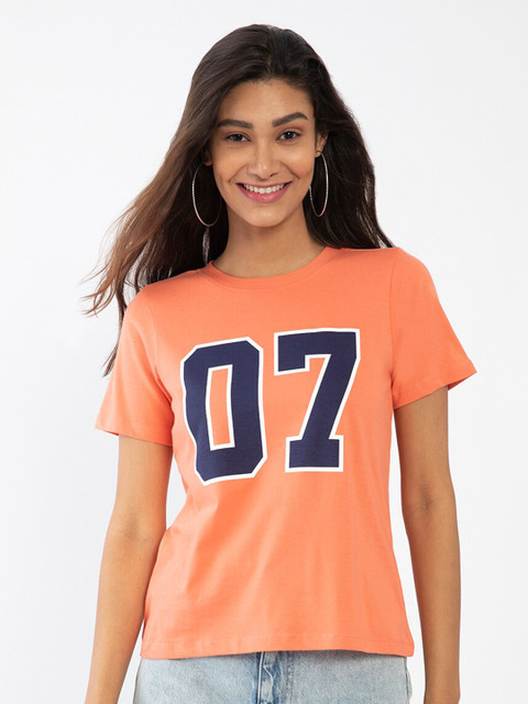 

Zink London Women Orange Typography Printed T-shirt