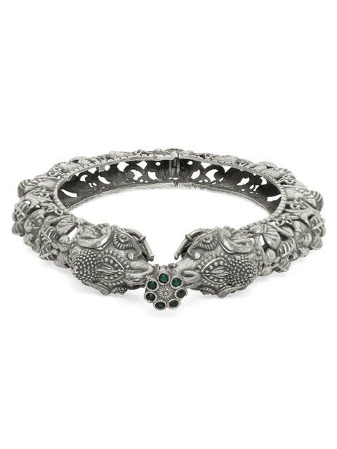 

Rubans Women Silver-Toned Oxidised Filigree Elephant Broad Bangle Style Kada Bracelet