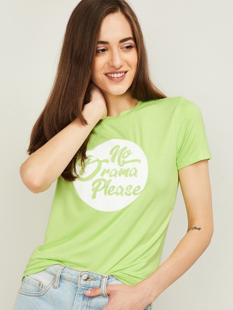 

Ginger by Lifestyle Women Lime Green Typography Printed T-shirt