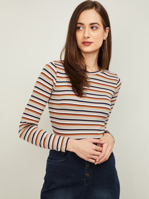 

Ginger by Lifestyle Beige Striped Regular Crop Top