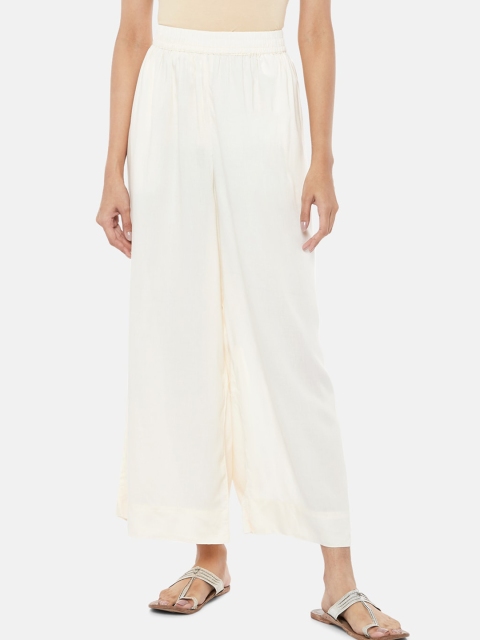 

RANGMANCH PLUS by Pantaloons Women Off White Pleated Parallel Trousers