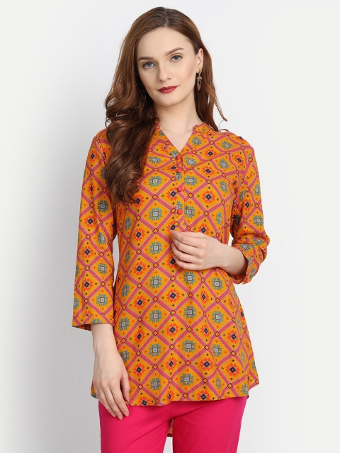 

fabGLOBAL Women Orange & Pink Geometric Printed High-Low Kurti