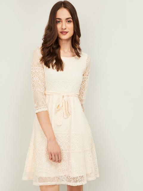 

CODE by Lifestyle Women Cream-Coloured Belted Lace Dress