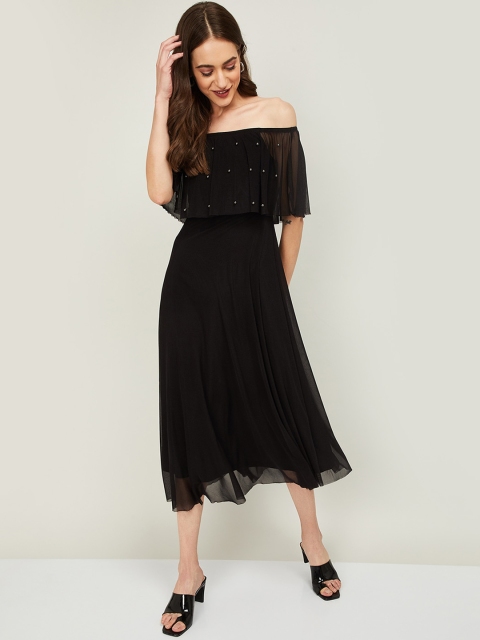 

CODE by Lifestyle Women Black & Silver-Toned Embellished Off-Shoulder Midi Dress
