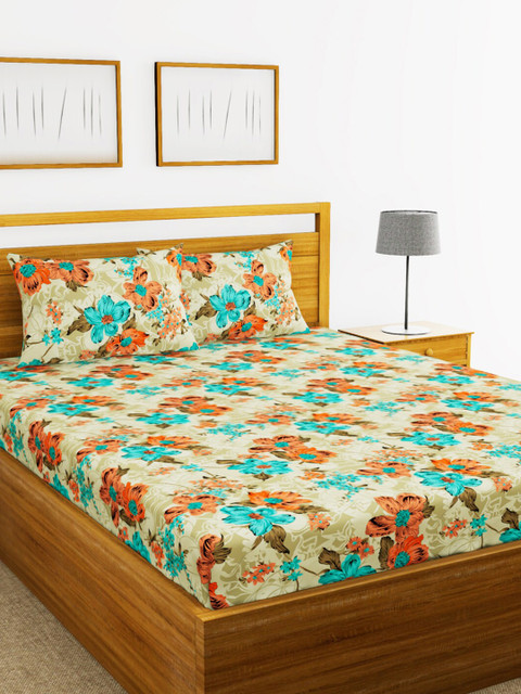 

BIANCA Olive Green & Orange Floral 152 TC Queen Bedsheet with 2 Pillow Covers